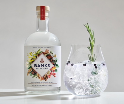 Banks Botanicals alcohol-free gin. Banks Botanicals non-alcoholic Spirit is zero-alcohol (0% ABV), sugar free and gluten-free. Shop with confidence at High Vibes Drinks, the alcohol-free specialist in Warrandyte, Melbourne. Award winning and best low and no alcohol drinks. Banks Botanicals offer sophisticated, non-alcoholic, sugar-free options to love what you drink. Perfect non-alcoholic drink when pregnant or baby shower. Perfect for non-alcoholic cocktails and corporate events.