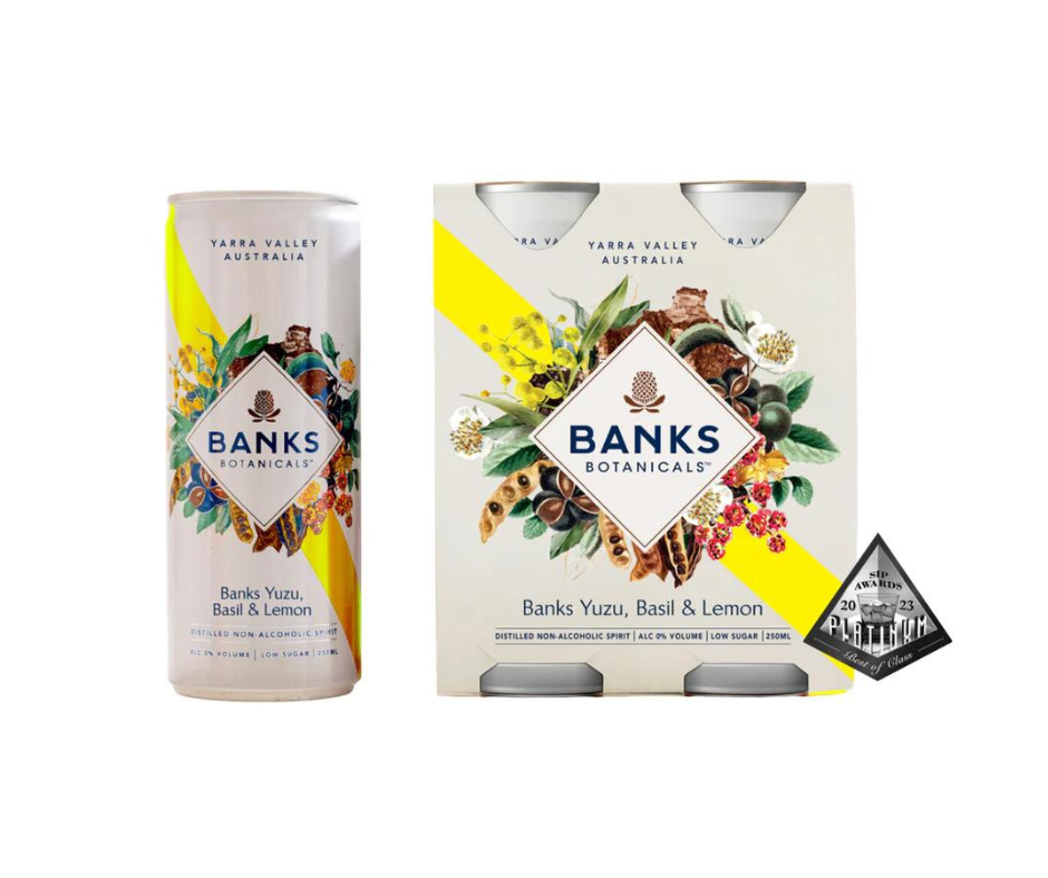 Banks Botanicals Yuzu Basil & Lemon alcohol-free. Banks Botanicals non-alcoholic Yuzu is zero-alcohol (0% ABV), sugar-free, vegan and gluten-free. Shop with confidence at High Vibes Drinks, non-alcoholic specialist in Warrandyte, Melbourne. Award winning premium non alcoholic drinks. Banks Botanicals offer sophisticated, non-alcoholic, sugar-free, vegan, gluten-free, no artificial flavours or colours. Perfect non-alcoholic drink when pregnant or baby shower. Perfect for non-alcoholic cocktails RTD