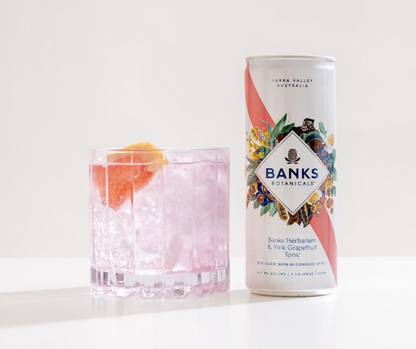 Banks Botanicals Herbarium & Pink Grapefruit Tonic alcohol-free. Banks Botanicals non-alcoholic G&T is zero-alcohol (0% ABV), sugar-free, vegan and gluten-free. Shop with confidence at High Vibes Drinks, non-alcoholic specialist in Warrandyte, Melbourne. Award winning premium non alcoholic drinks. Banks Botanicals offer sophisticated, non-alcoholic, sugar-free, vegan, gluten-free options to love what you drink. Perfect non-alcoholic drink when pregnant or baby shower. Perfect for non-alcoholic cocktails RTD