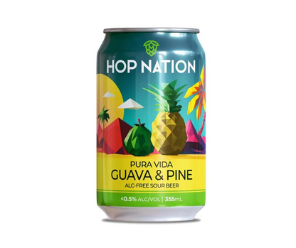 The perfect summer sip is this limited edition Hop Nation Pura Vida Guava & Pine Sour Beer - It's summer vibes in a can! Tropical delight, blend of sweet guava and tangy pineapple without the booze; so you can wake up with a clear head. Award winning alcohol-free sour Beer, Hop Nation Brewing XPA. Best selling non-alcoholic sour beer Melbourne, Warrandyte. Healthy Choice. Hop Nation Brewing Co.