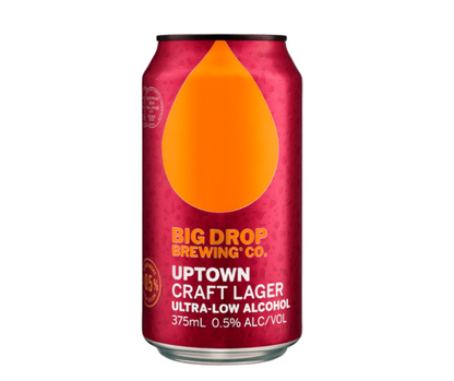 Big Drop Brewing Co non-alcoholic Beer. Big Drop Brewing Co Uptime Craft Lager has light herbal and floral hop aromas. Big Drop Brewing Co is an award-winning non-alcoholic brewery that naturally brews beer to less than 0.5 per cent rather than removing the alcohol. Buy from High Vibes Drinks, the alcohol free specialist in Warrandyte, Melbourne. Shop with confidence with our award winning range of non-alcoholic beers. Uptime Craft Lager alcohol-free beer is also vegan and low in gluten.