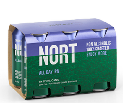 Nort All Day IPA non-alcoholic Beer. Nort All Day IPA has lashings of citrus and grapefruit and a considered malt profile. Nort All Day IPA is an award-winning non-alcoholic brewery that naturally non-alcoholic beer. Refreshing non-alcoholic beer for athletes, marathon runners and healthy living. Buy from High Vibes Drinks, the alcohol-free specialist in Warrandyte, Melbourne. Shop with confidence with our award-winning non-alcoholic beers and premium alcohol-free beers. 99% sugar free, low-calorie