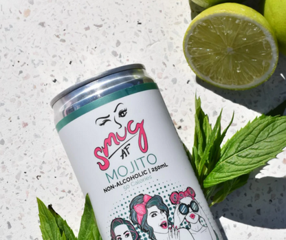 Smug AF alcohol-free cocktail Mojito .Non alcoholic cocktail. Non-alcoholic light rum essence, with crisp garden mint, sharp lime, and refreshing bubbles alternative with zero alcohol so you can drink less alcohol. Be sober curious and enjoy guilt-free celebrations with no hangovers. Best selling Non Alcoholic cocktail at High Vibes Drinks, the alcohol free specialist in Warrandyte, Melbourne. Low sugar alcohol free cocktail. Perfect non-alcoholic drink when pregnant. zero alcohol cocktail